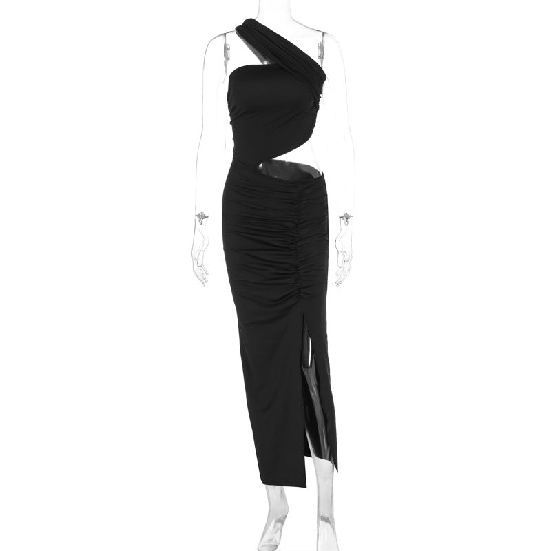 Asymmetrisk Maxiklänning med Cut-Out och Feminin Volang