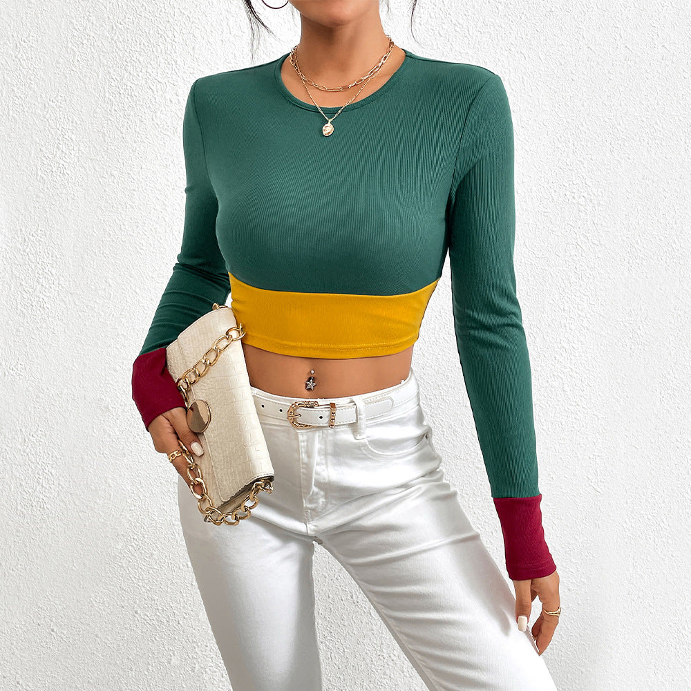 Stilfuldt Farveblok Crop-Top med Lange Ærmer