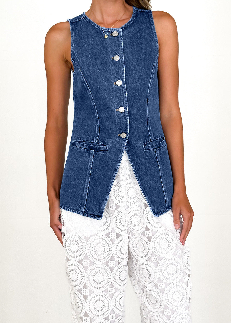 Elegant Denim Vest med Slank Silhuet og Unikke Detaljer