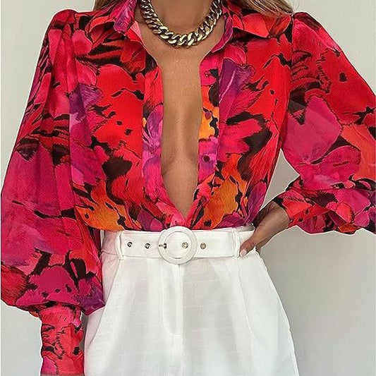 Elegant Bluse med Dyretryk og Løs Silhuet