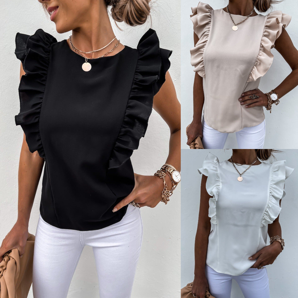 Feminine Bluse med Rynkede Ærmer – Stilfuld Elegance