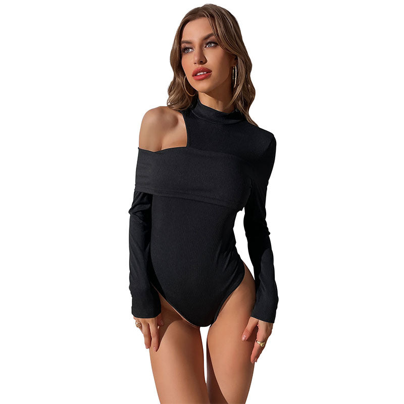 Asymmetrisk Én-Skulder Bodysuit med Lange Ærmer – Chic og Elegant