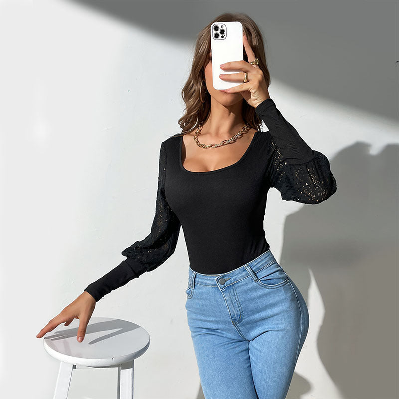 Elegant dam-bodystocking med långa spetsärmar