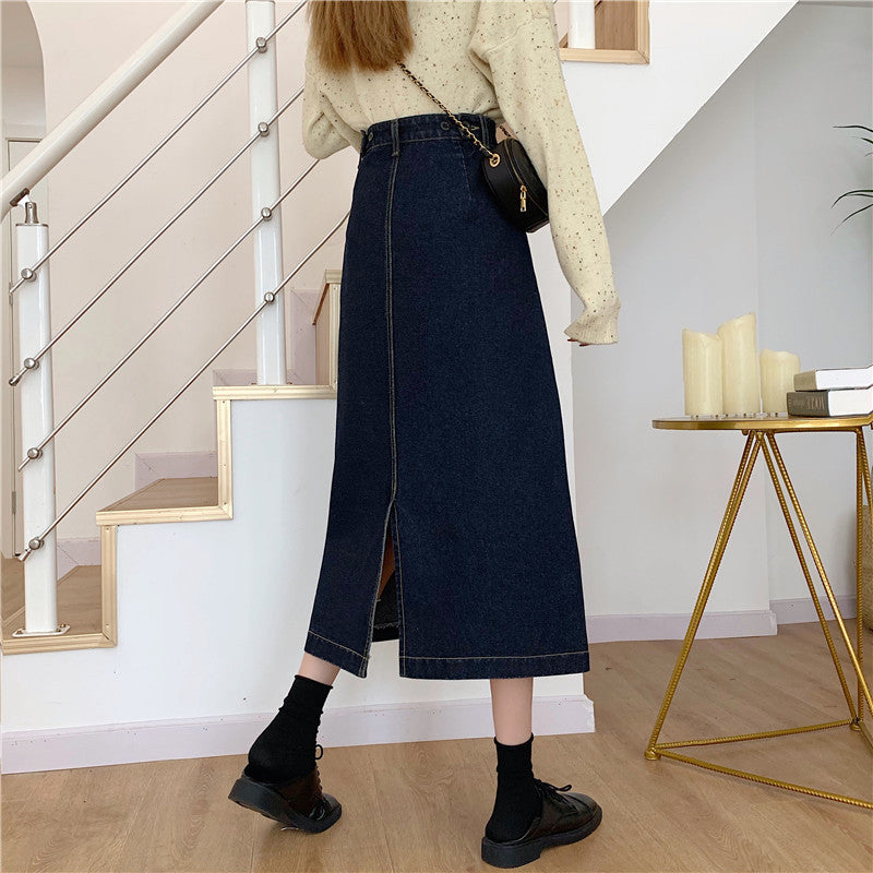 Stilfuld Midi-Denim Nederdel med Høj Talje