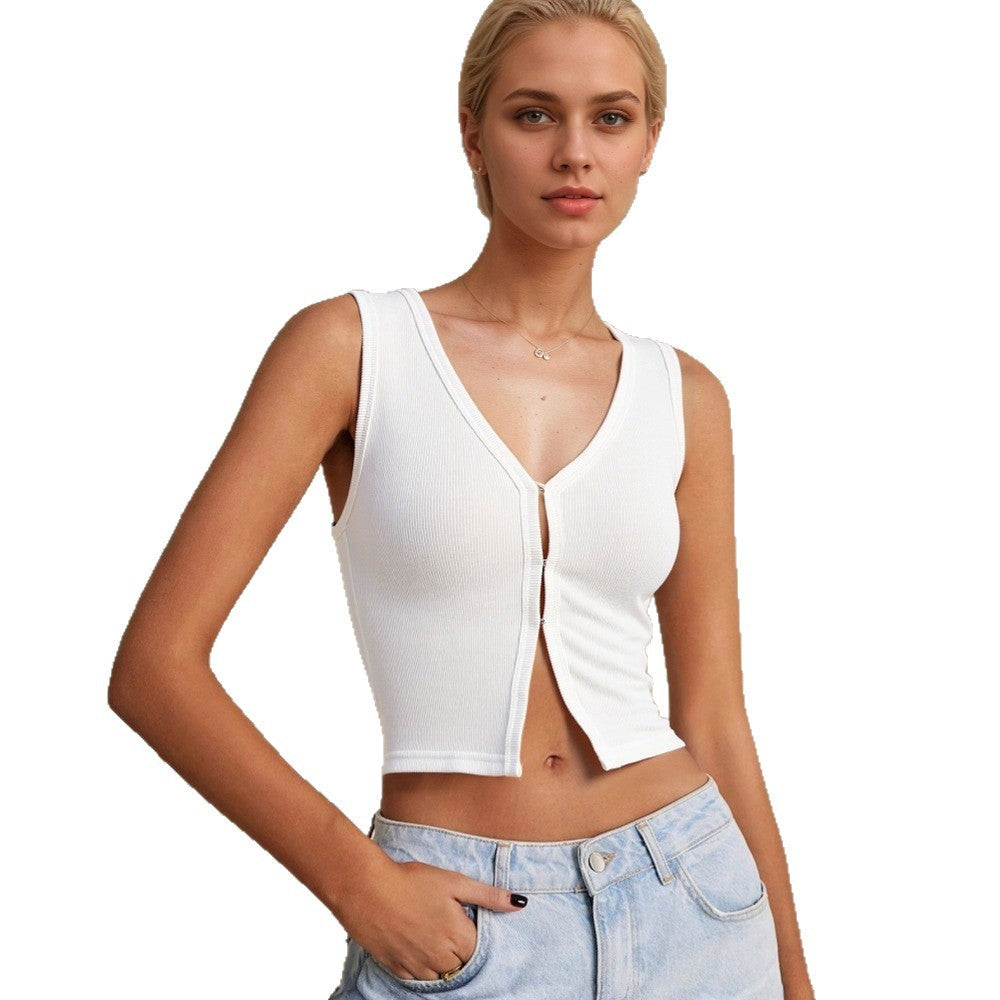 Chic cropped top med dyb V-udskæring og stilfulde knapdetaljer