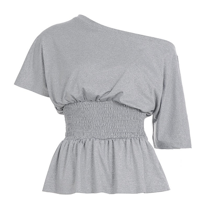 Asymmetrisk topp med volangdetaljer och elastisk midja