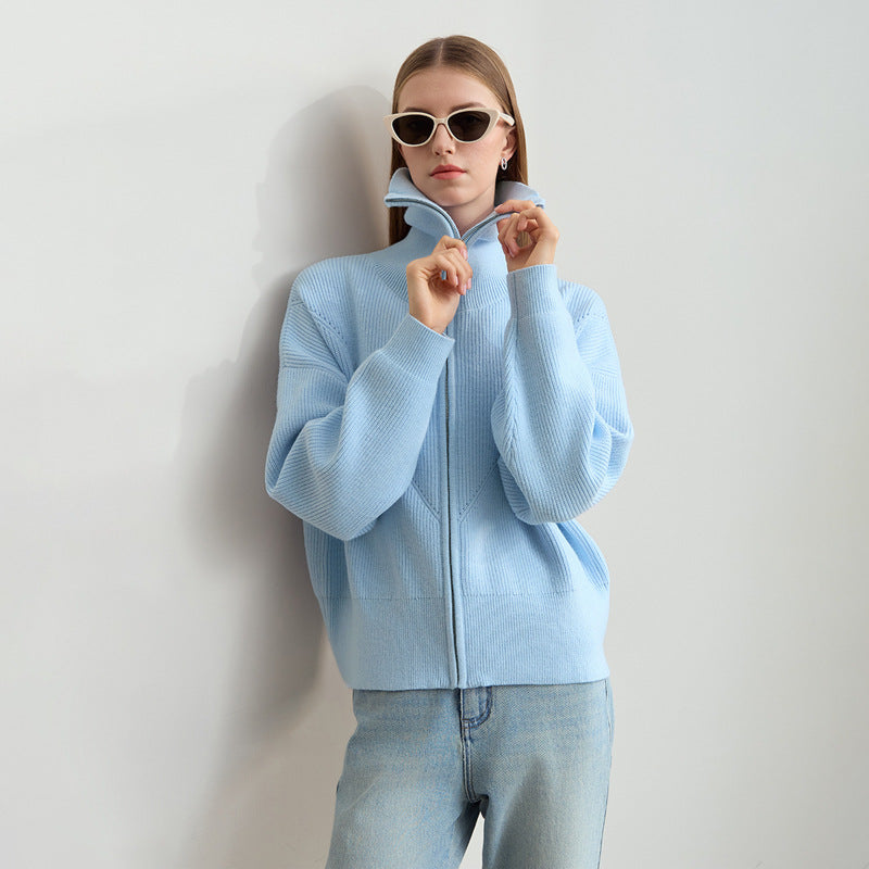 Chic croppad stickad jacka med huva och modern dragkedja