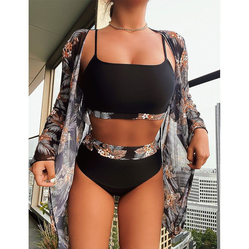 Feminint Bikiniset med Blommig Kappa och Hög Midja