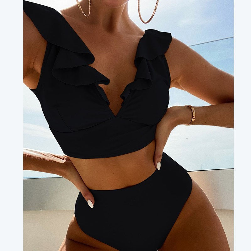 Feminint Bikiniset med Charmiga Volanger och Hög Midja