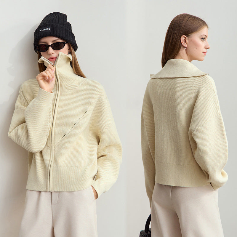 Chic croppad stickad jacka med huva och modern dragkedja
