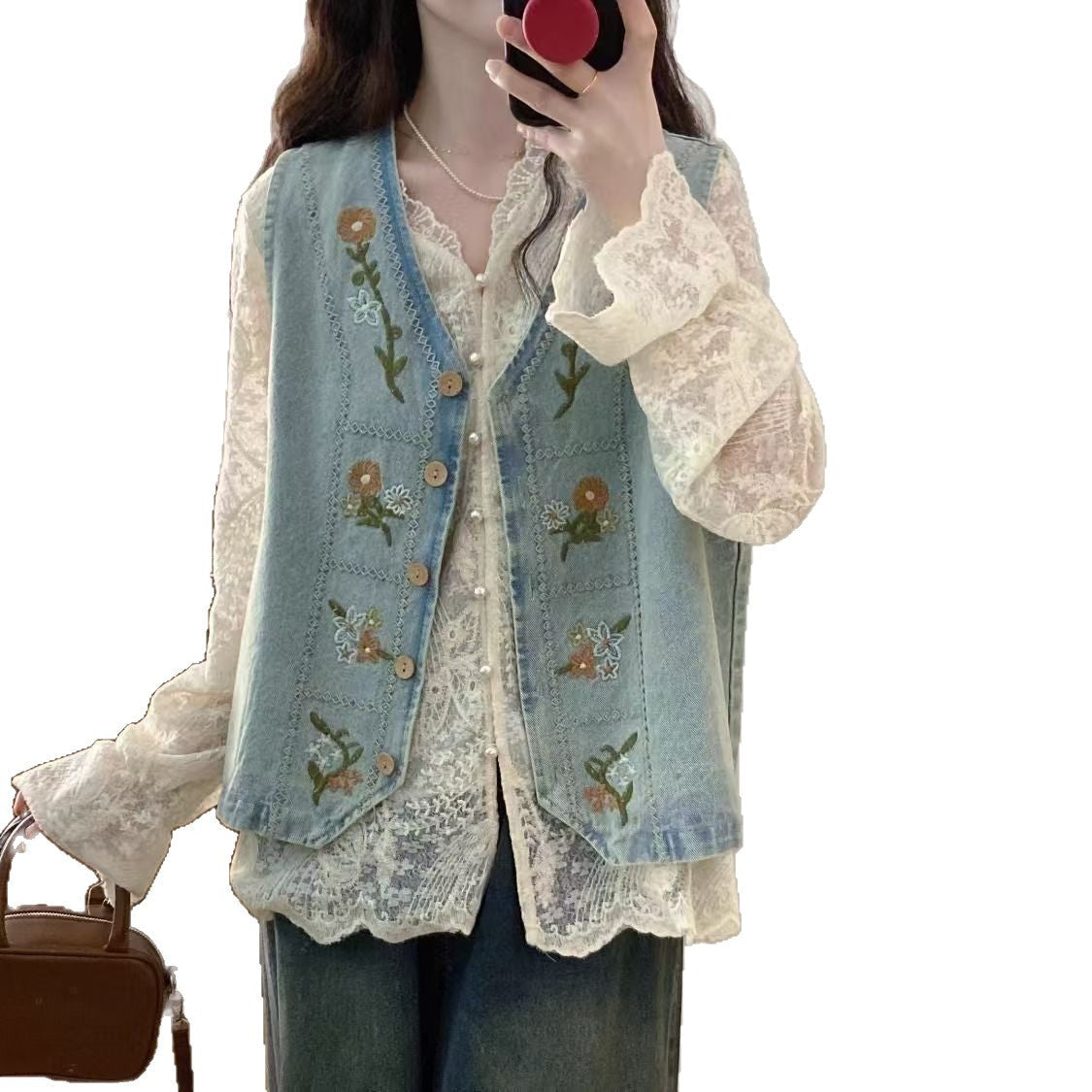 Blomsterbroderet Denimvest til Kvinder - Stilelementer i Fokus