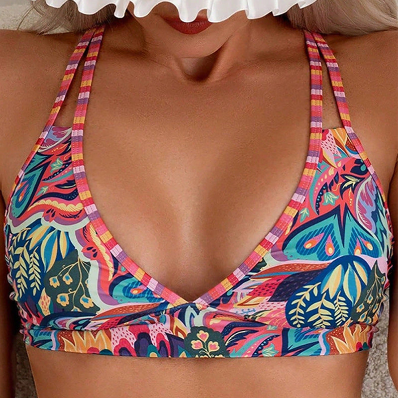 Elegant Bikinitäcke med Djupt V-hals och Färgglatt Mönster