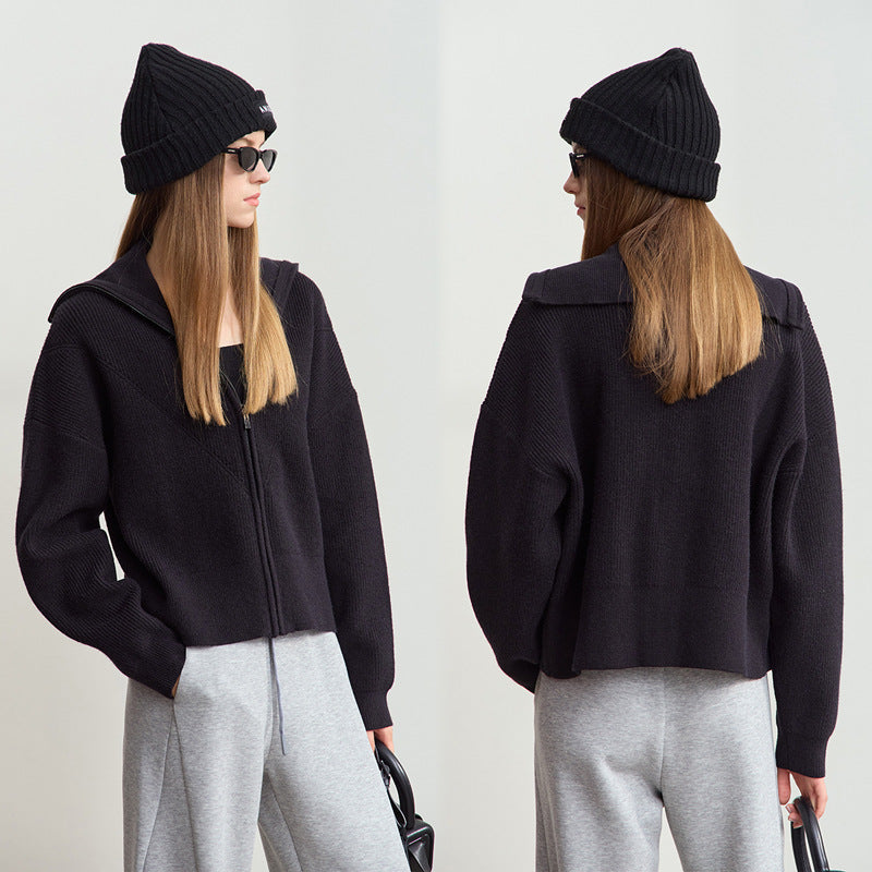 Chic croppad stickad jacka med huva och modern dragkedja