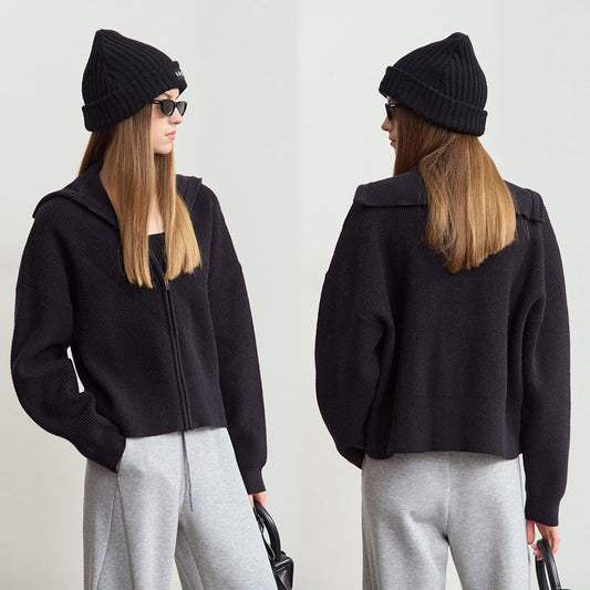 Chic croppad stickad jacka med huva och modern dragkedja