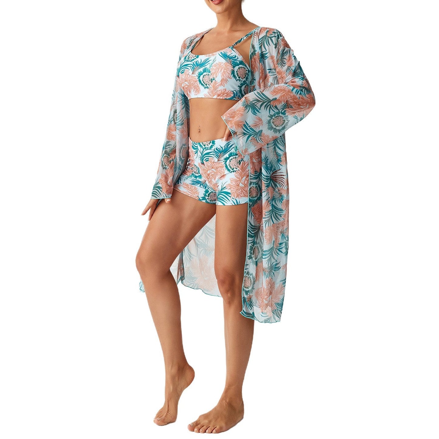 Elegant Badset för Damer med Blommigt Top och Transparent Kaftan