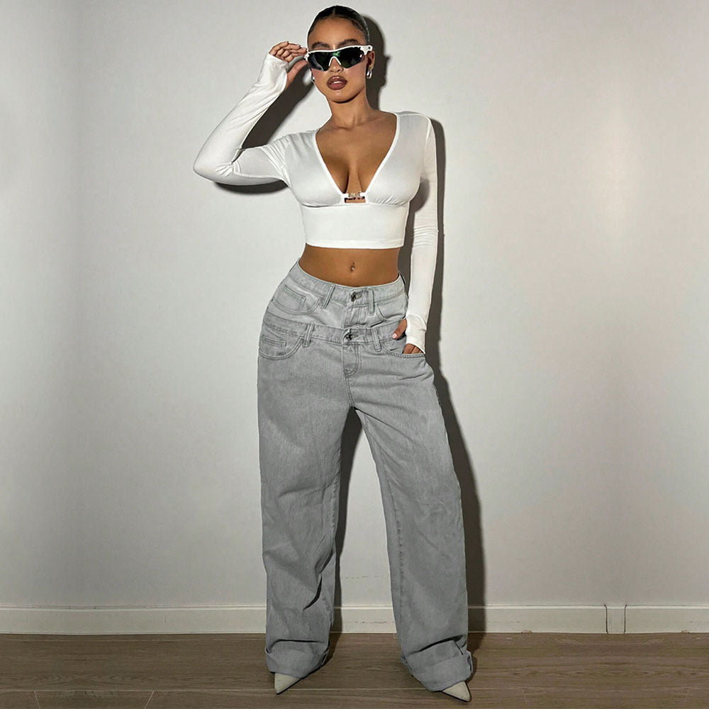 Moderne cropped langærmet top med dyb V-udskæring og detalje