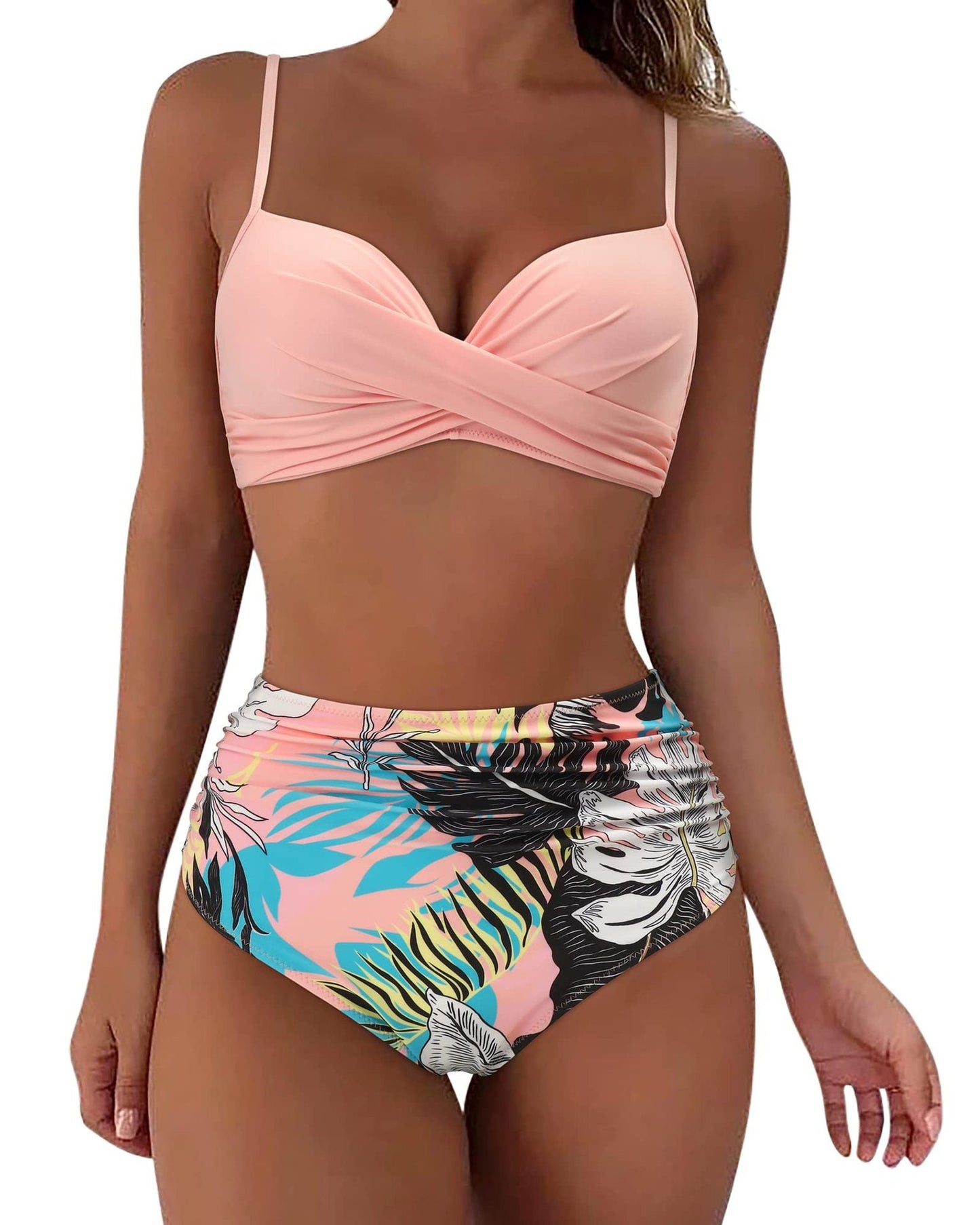Högmidjad bikini-set för damer med mönster i tierdesign