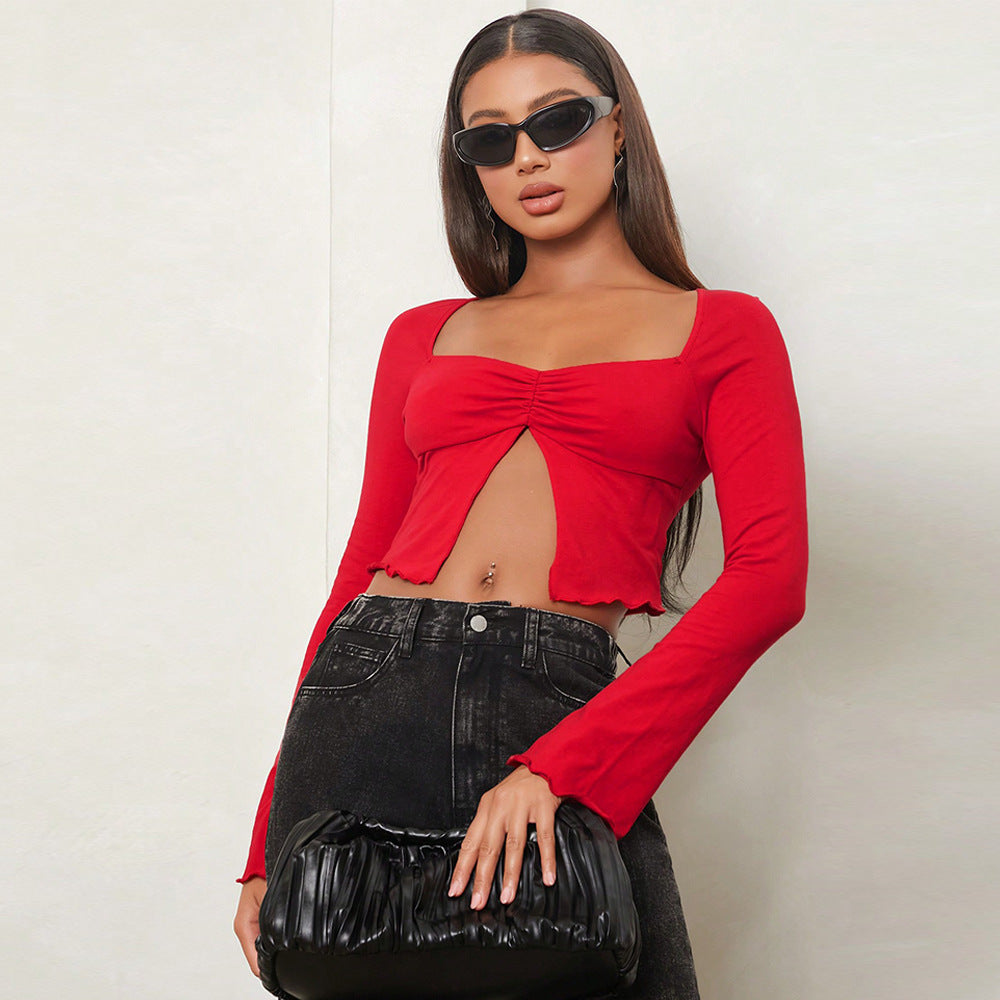 Chic Crop-Bluse med Elegant Drapering og Långa Ærmer