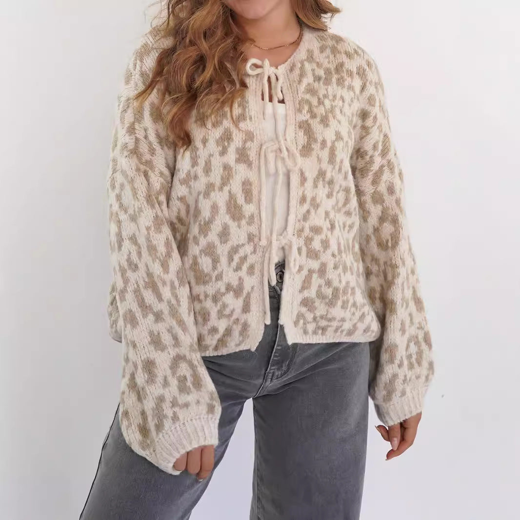 Elegant Cardigan med Dyreprint og Slidser i Bindebånd