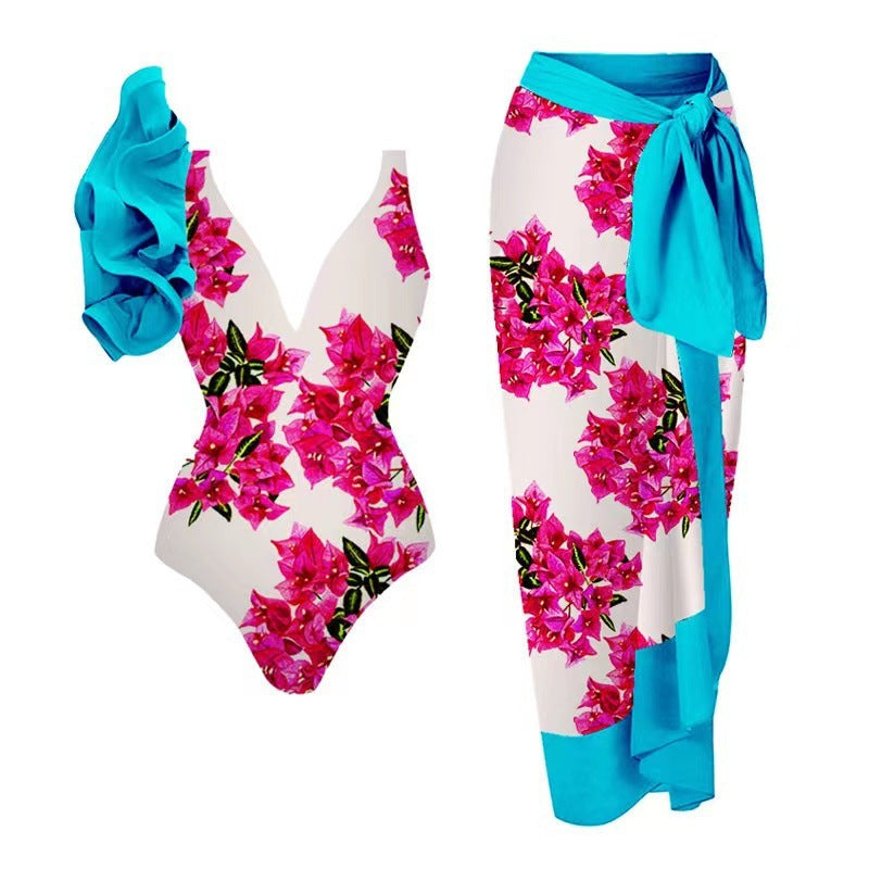 Kvinnors Baddräktset med Blommigt Mönster och Chic Sarong