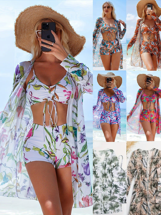 Elegant badset för kvinnor med stiligt kimono och shorts