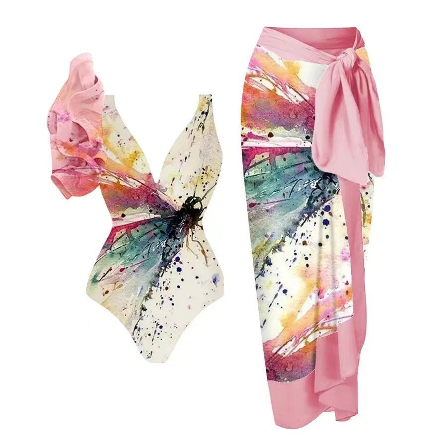 Kvinnors Baddräktset med Blommigt Mönster och Chic Sarong
