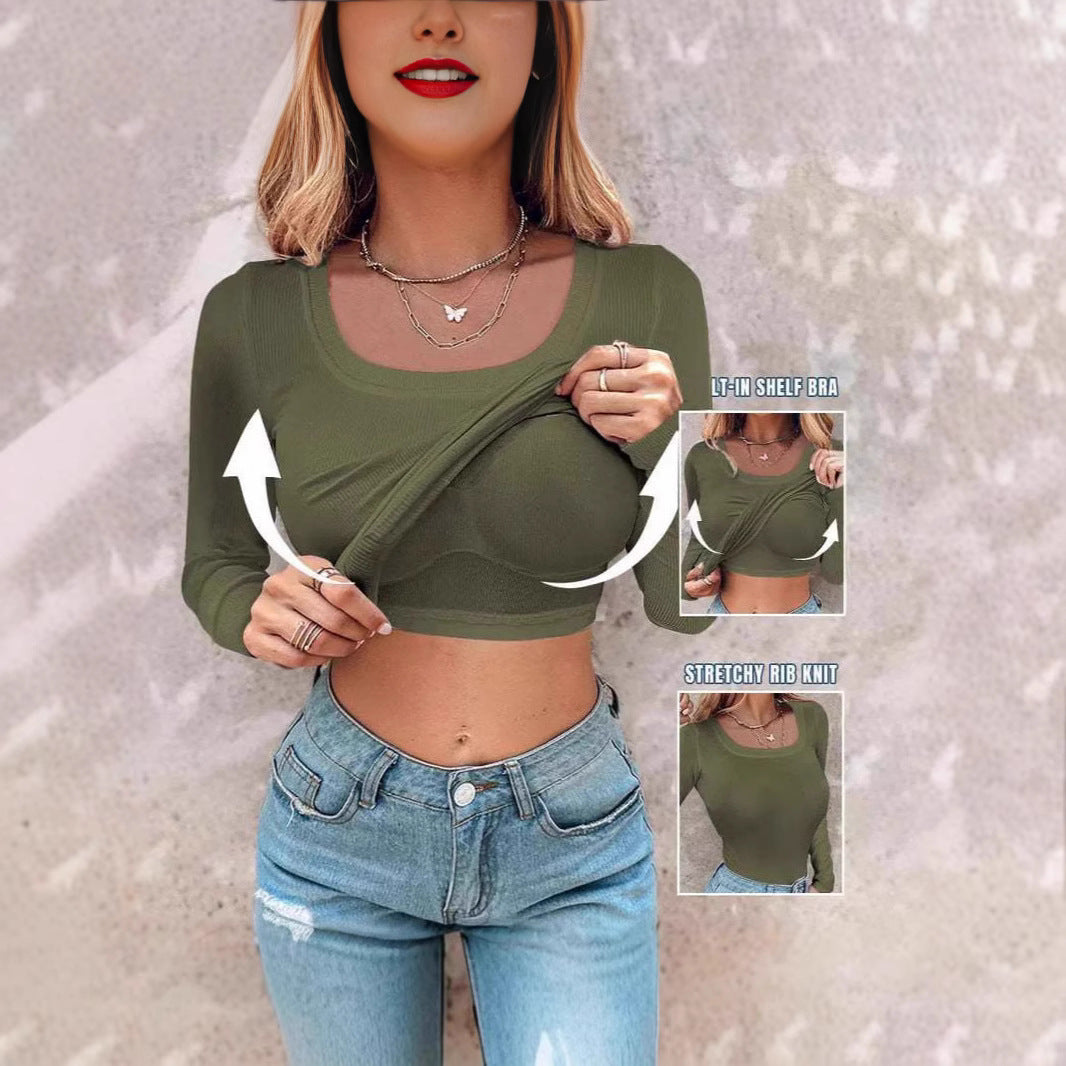 Modern croppad långärmad topp med inbyggd tanktopp