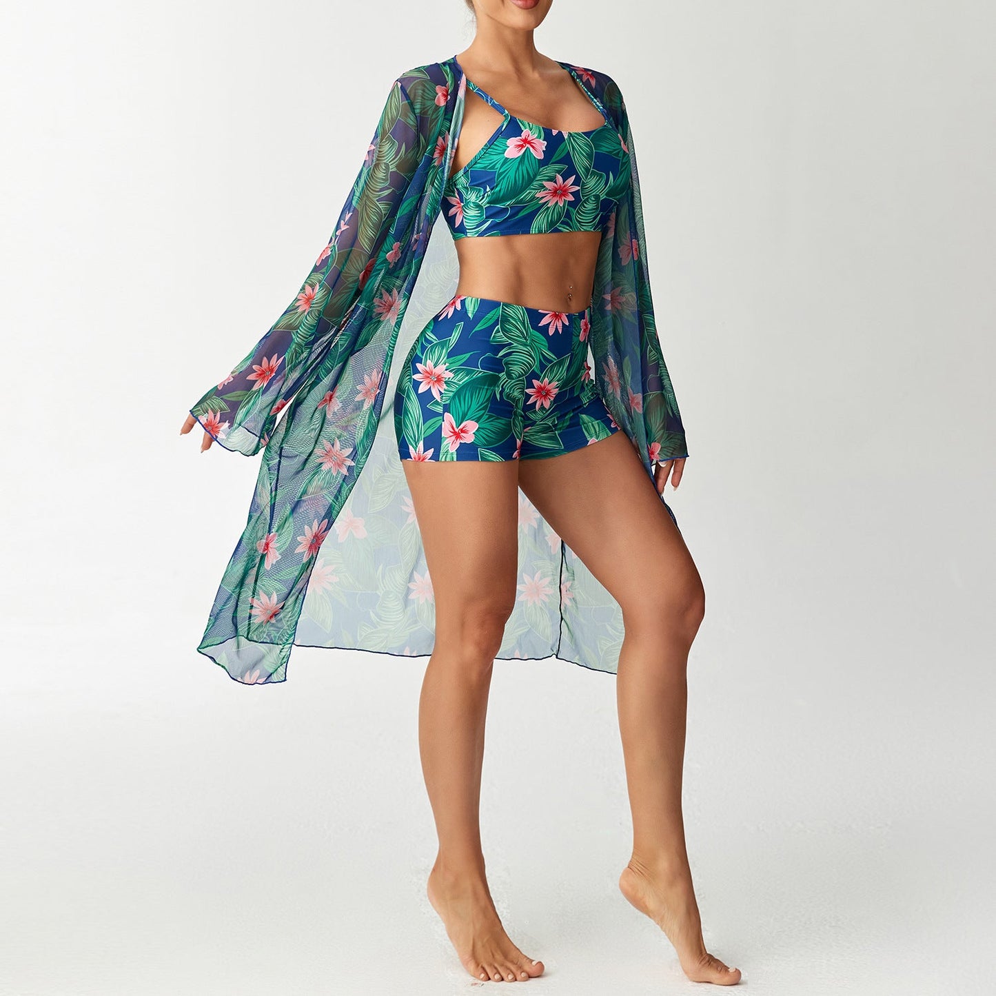 Elegant Badset för Damer med Blommigt Top och Transparent Kaftan