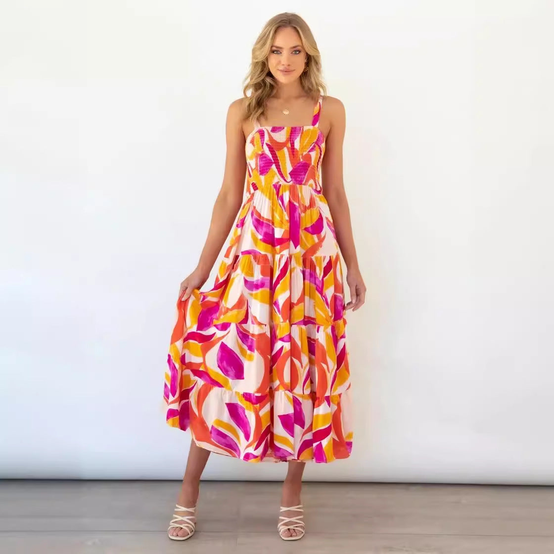 Feminint Maxikjole med Blomsterprint og Elastisk Top
