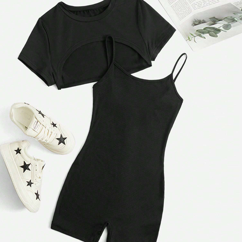 Chic Jumpsuit Sæt med Cropped Top og Shorts