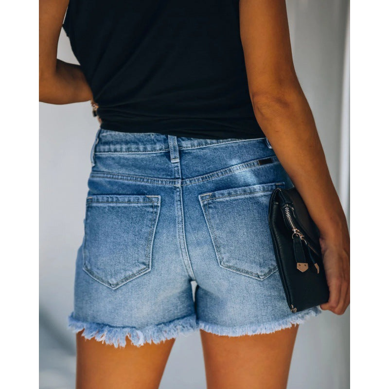 Kvinders Slidt Jeansshorts med Høj Talje og Flæset Kant
