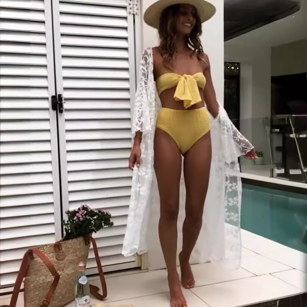 Bandeau-bikini för kvinnor med strukturerad textur och bred knutdesign