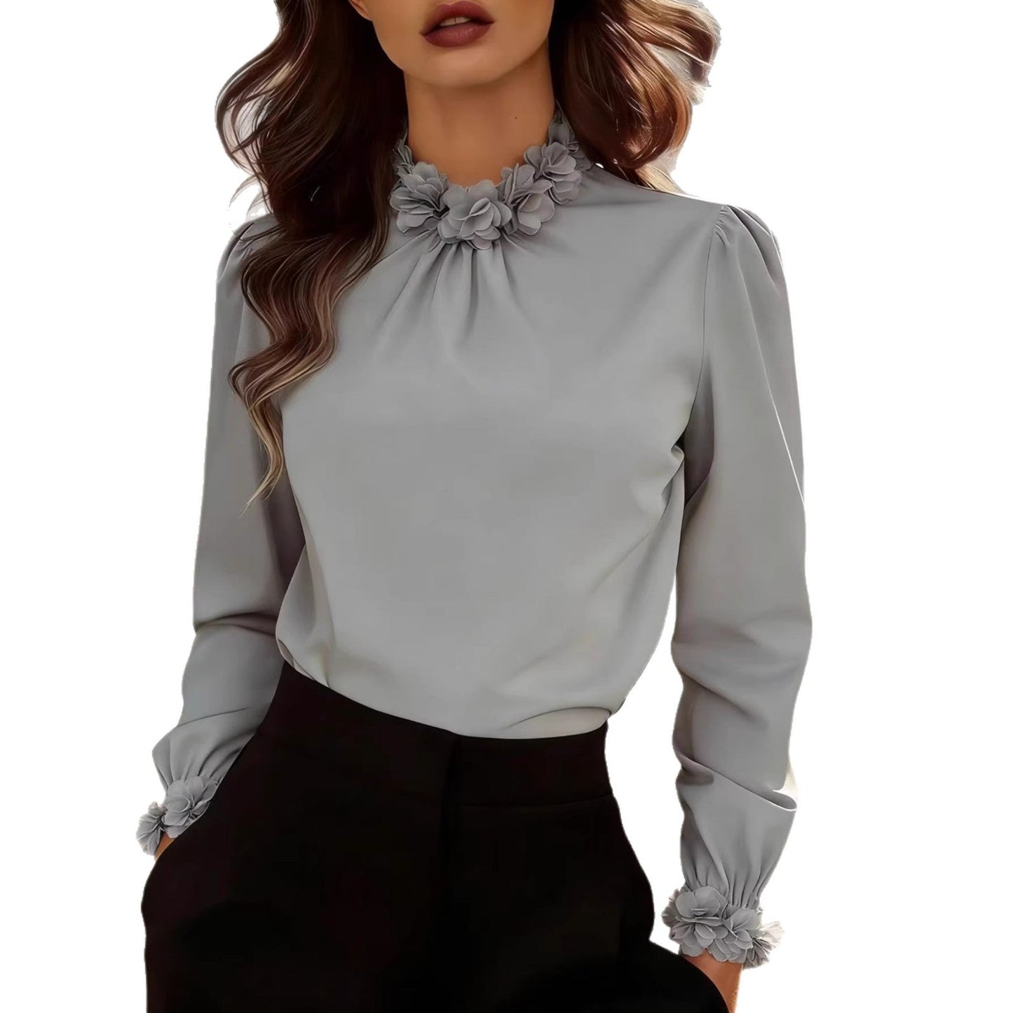 Elegant Bluse med Blomsterdetaljer og Volanger