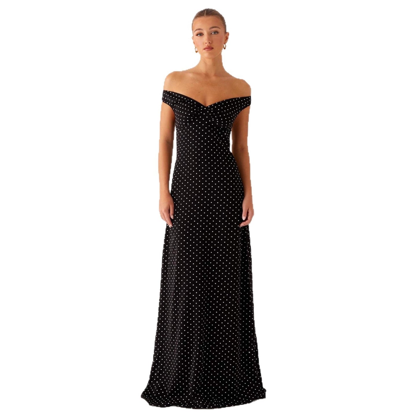 Elegant Off-Shoulder Klänning med Prickigt Mönster från ModeLuxe