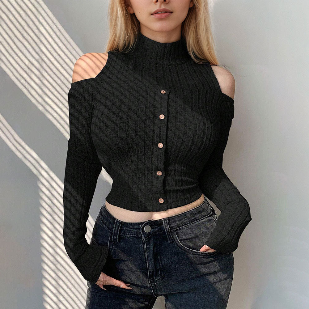 Chic cropped langærmet trøje med off-shoulder detaljer