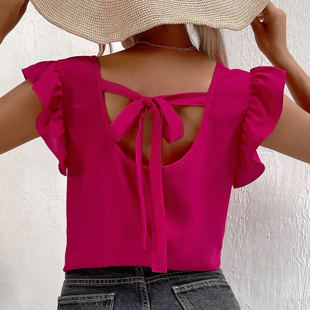 Elegant Blus med Voluminösa Detaljer och Feminin V-ringning