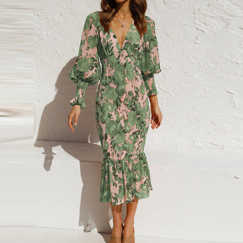 Feminint Bodycon Kjole med Volangkant og Blomsterprint