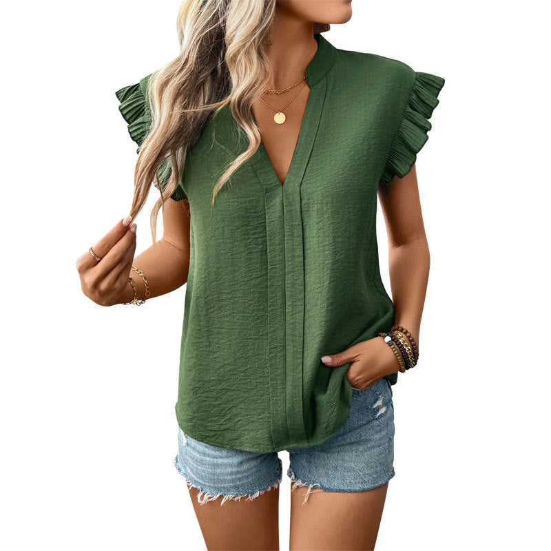 Feminine Bluse med Rynkedetaljer og V-Hals