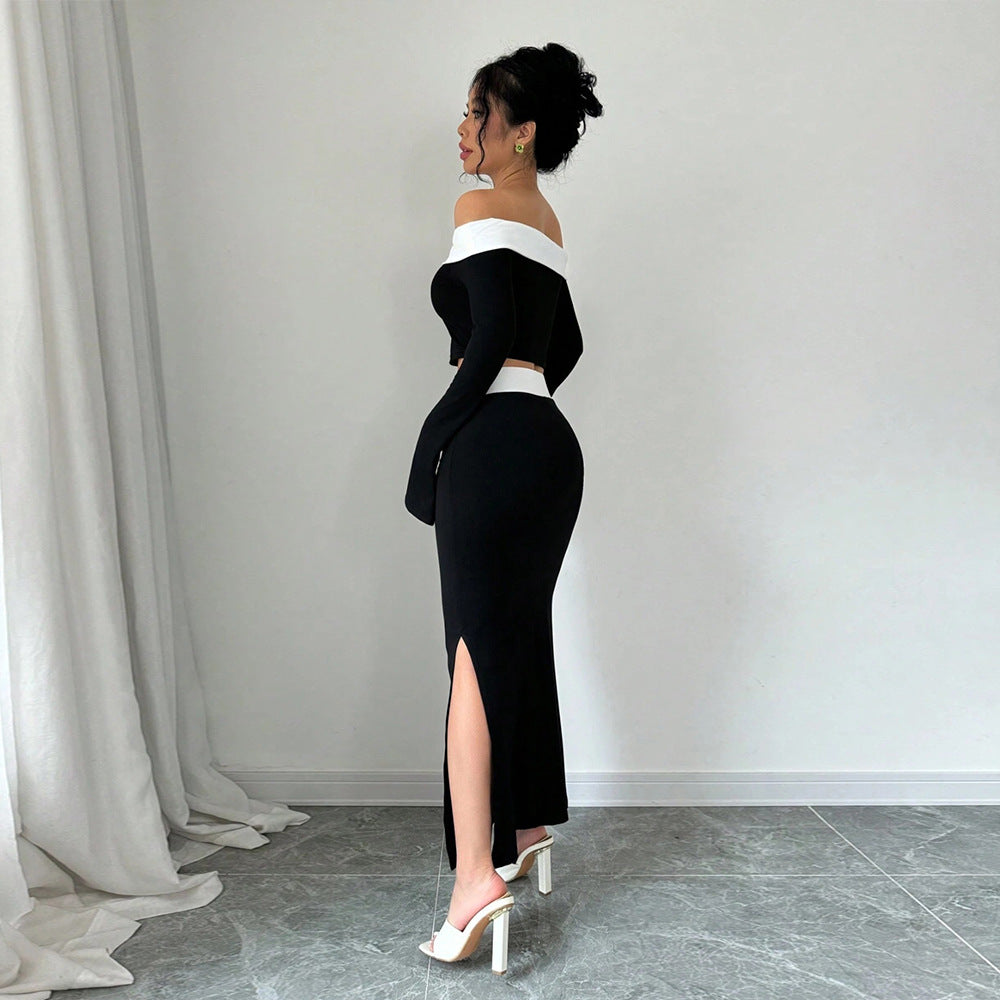 Feminin Crop-Top og Maxiskørt Sæt med Skulderfri Design
