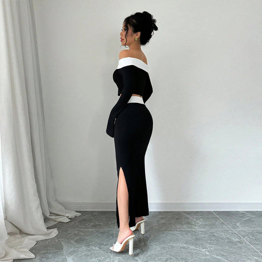 Feminin Crop-Top og Maxiskørt Sæt med Skulderfri Design