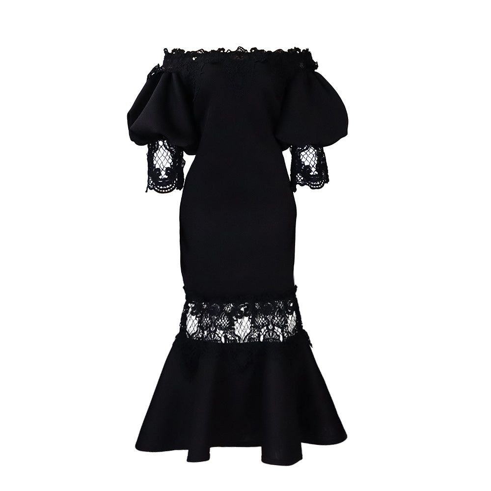 Elegant Bodycon Kjole med Spidsbroderi og Puffærmer
