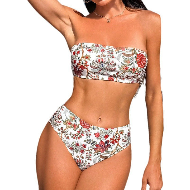 Blommig Bandeau-Bikini med Högskurna Badbyxor