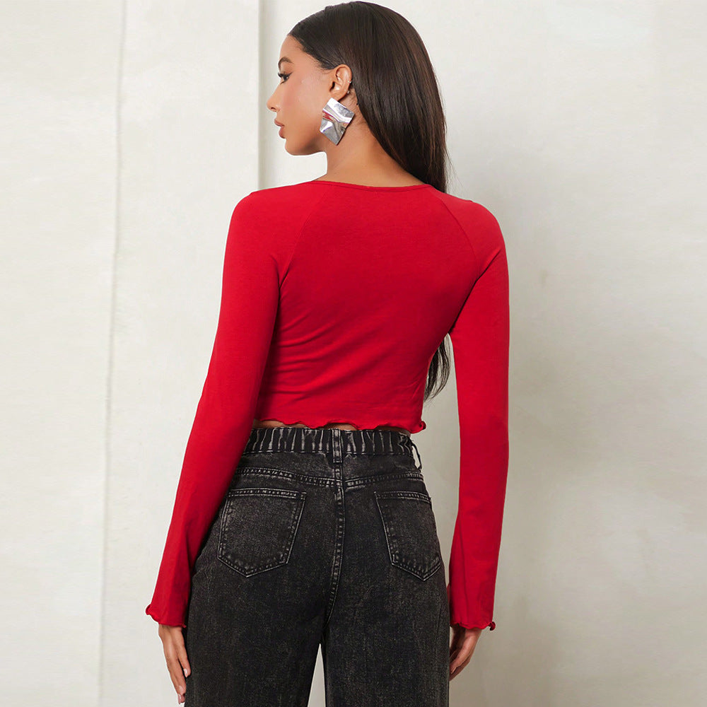 Chic Crop-Bluse med Elegant Drapering og Långa Ærmer