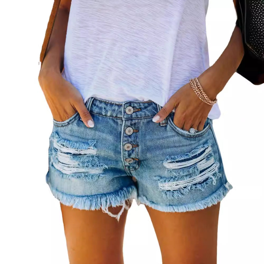 Stilfulde Denim-Shorts med frynser og trendy slidte detaljer