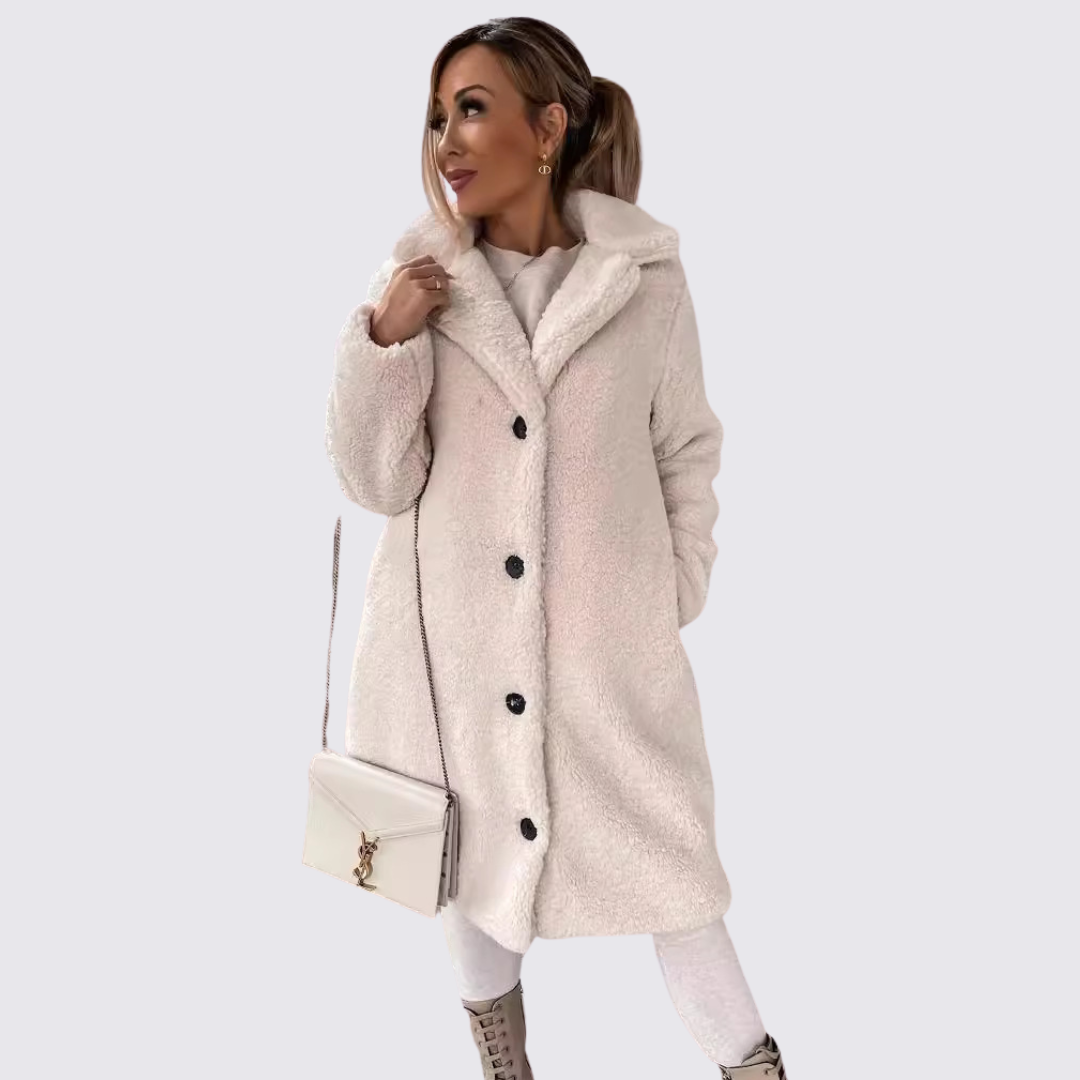 Damefrakke med knapliste – Teddyfrakke – Skåret til over låret