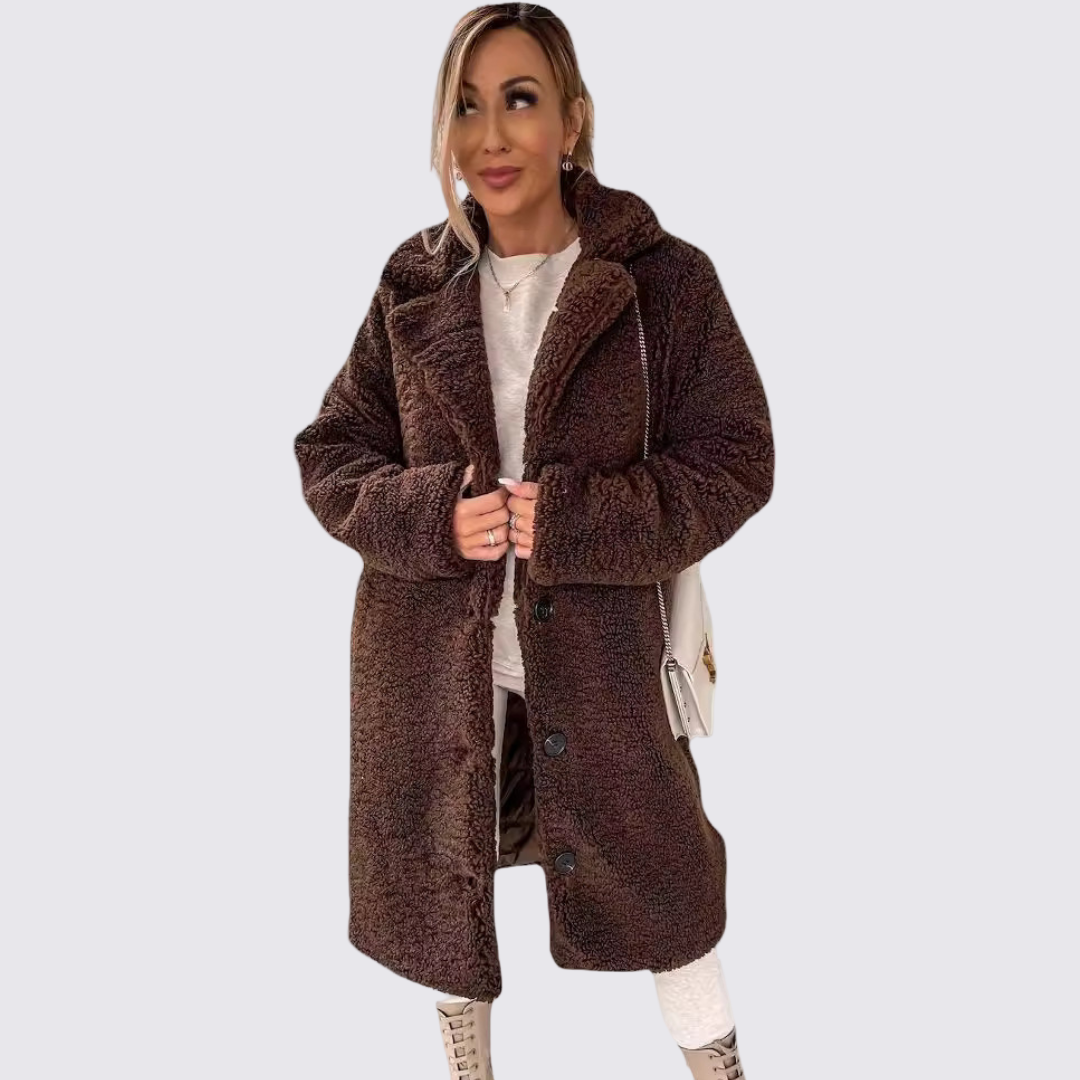 Damefrakke med knapliste – Teddyfrakke – Skåret til over låret