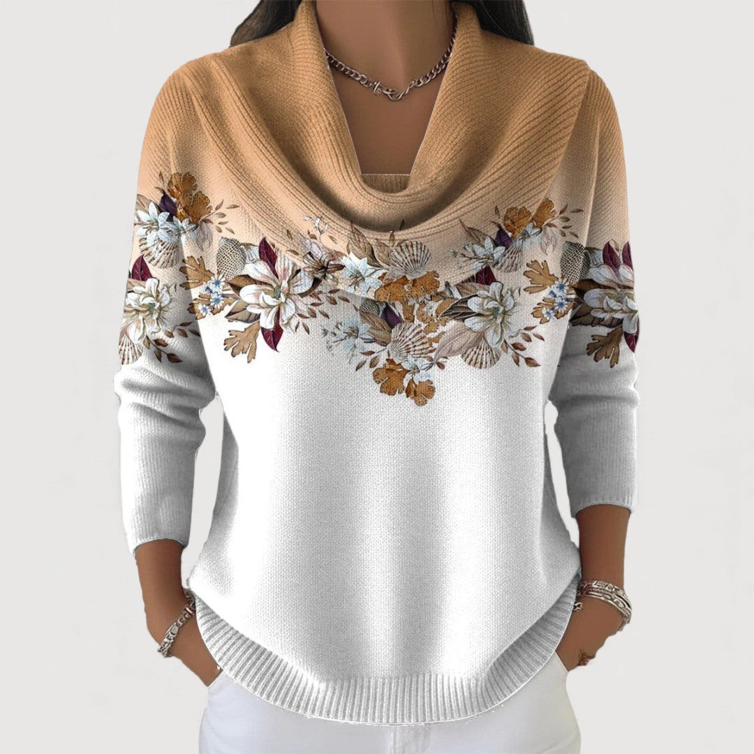 Blomsterinspireret Strikbluse med Løs Krave – Elegant og Behagelig