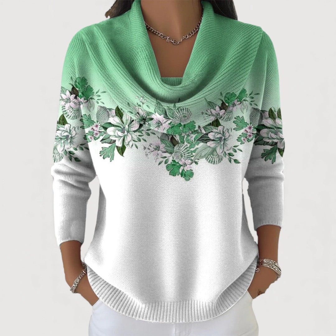 Blomsterinspireret Strikbluse med Løs Krave – Elegant og Behagelig