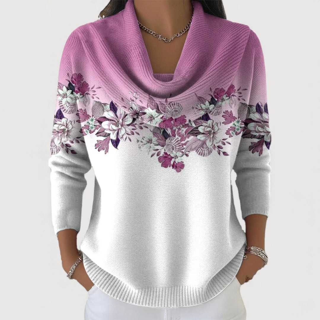 Blomsterinspireret Strikbluse med Løs Krave – Elegant og Behagelig