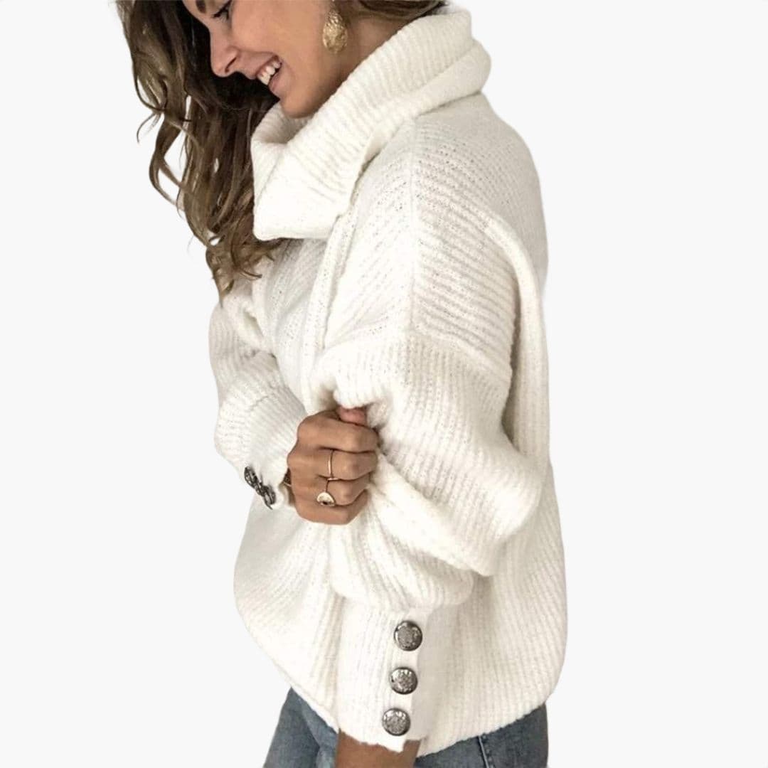 Elegant Dame Rullekrave Striktrøje med Moderne Knapdetaljer